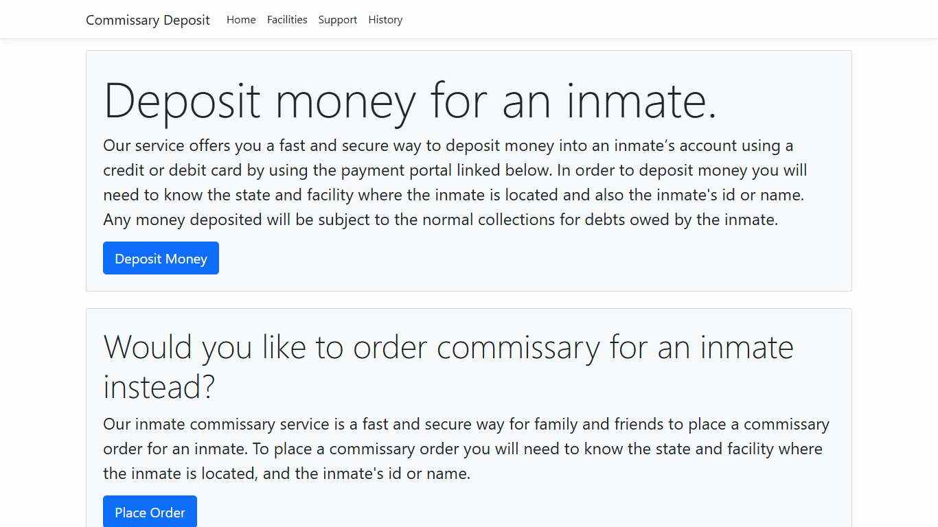 Commissary Deposit - fast and secure online commissary order and inmate deposit service